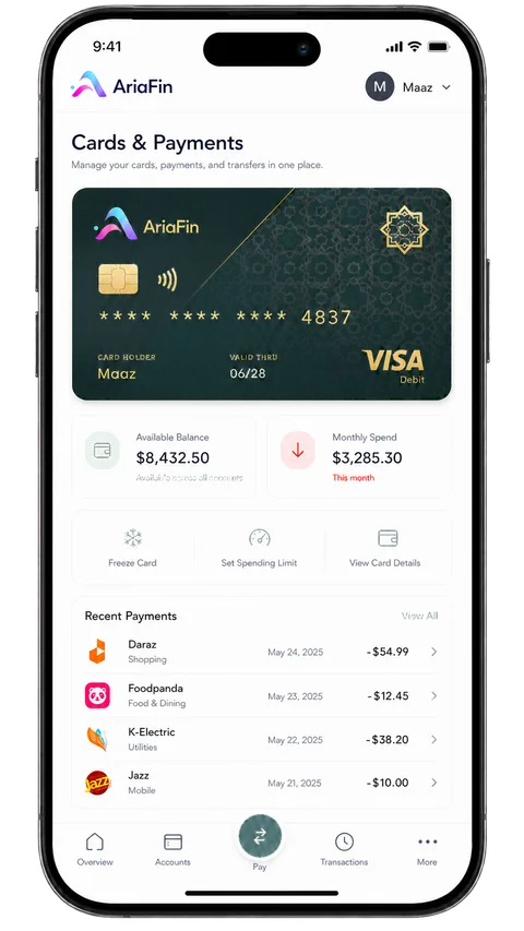 AriaFin cards and payments on mobile