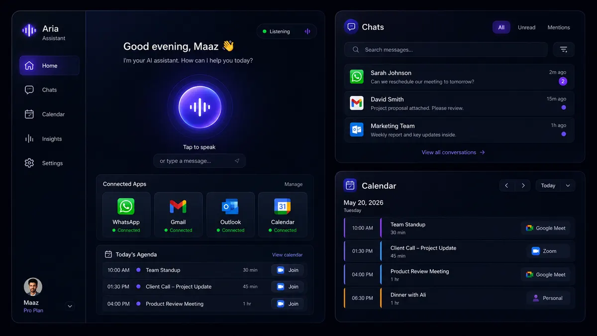 Aria Assistant in dark mode with connected apps and today's agenda