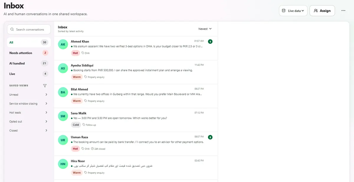 Shared WhatsApp inbox with AI-handled and live conversations